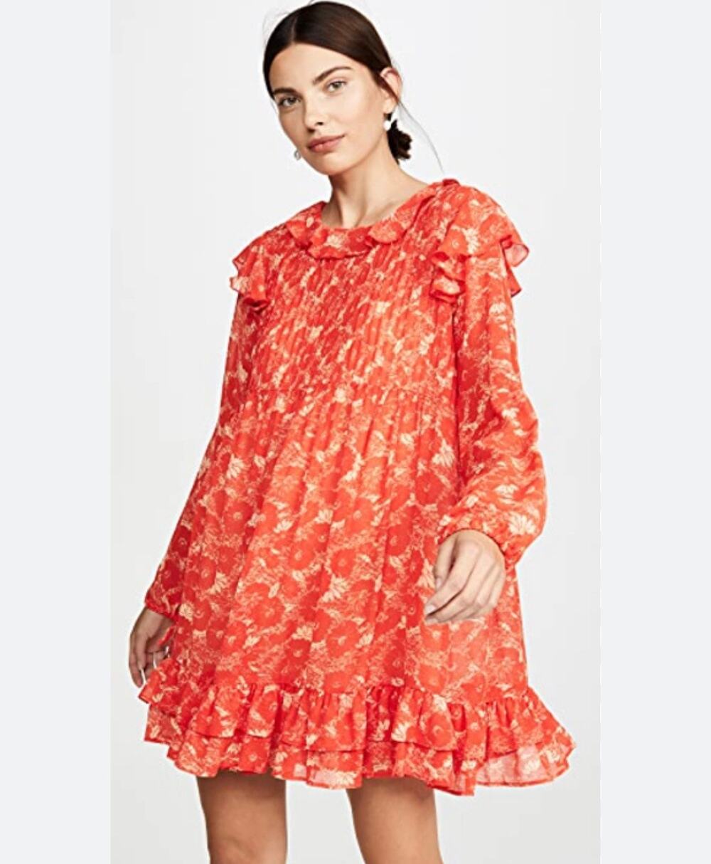 Free People These Dreams Orange & Ivory Floral Boho Long Sleeve Dress Small